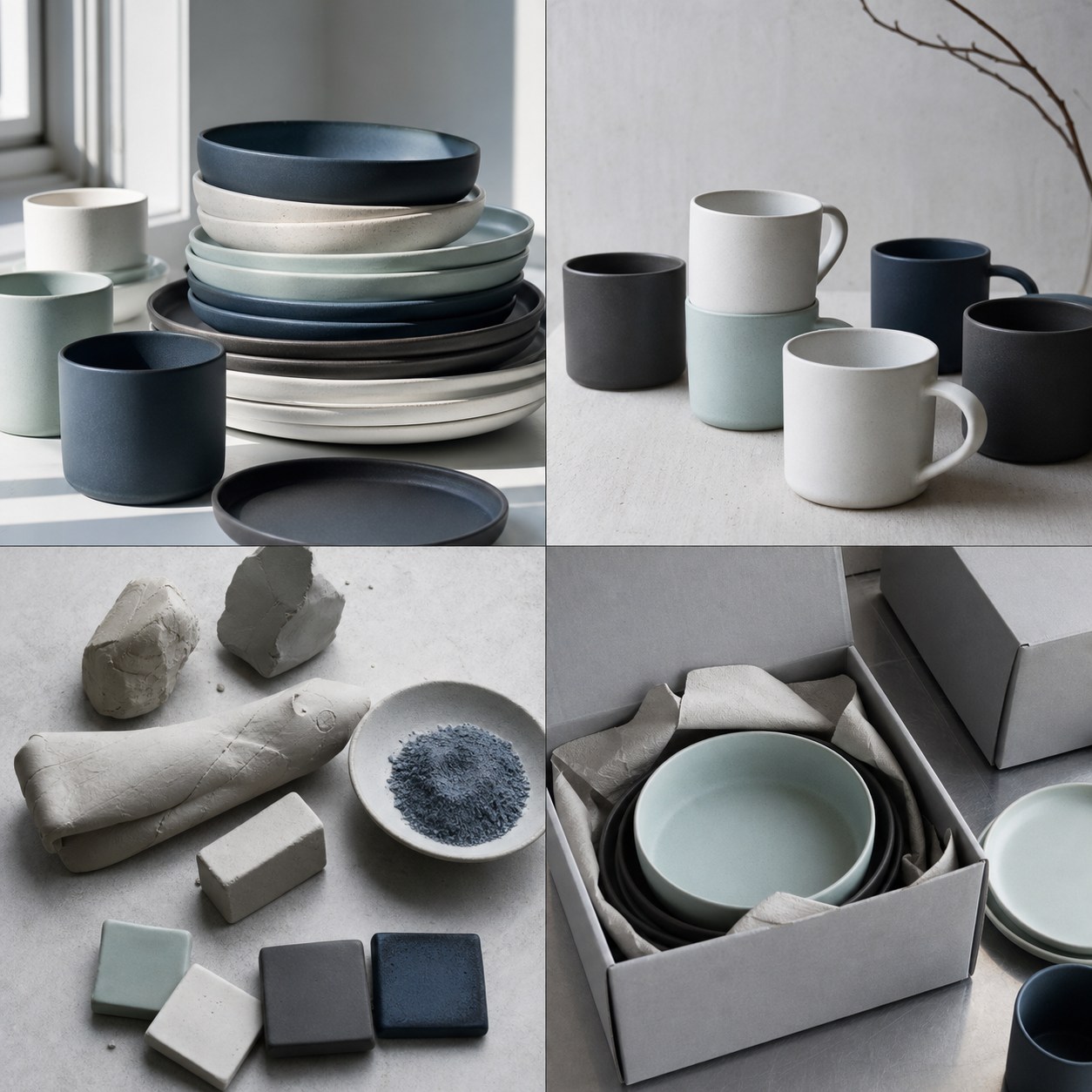 Four studio views of cool-toned ceramic tableware and packaging