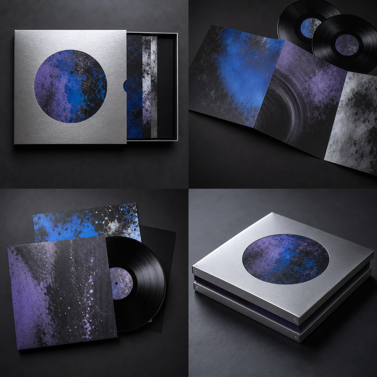 Four views of abstract record sleeves, vinyl, and metal packaging