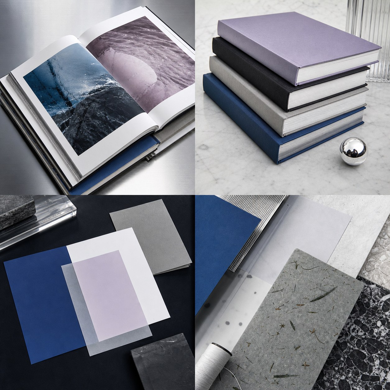 Open art book, clothbound volumes, paper fields, and binding studies