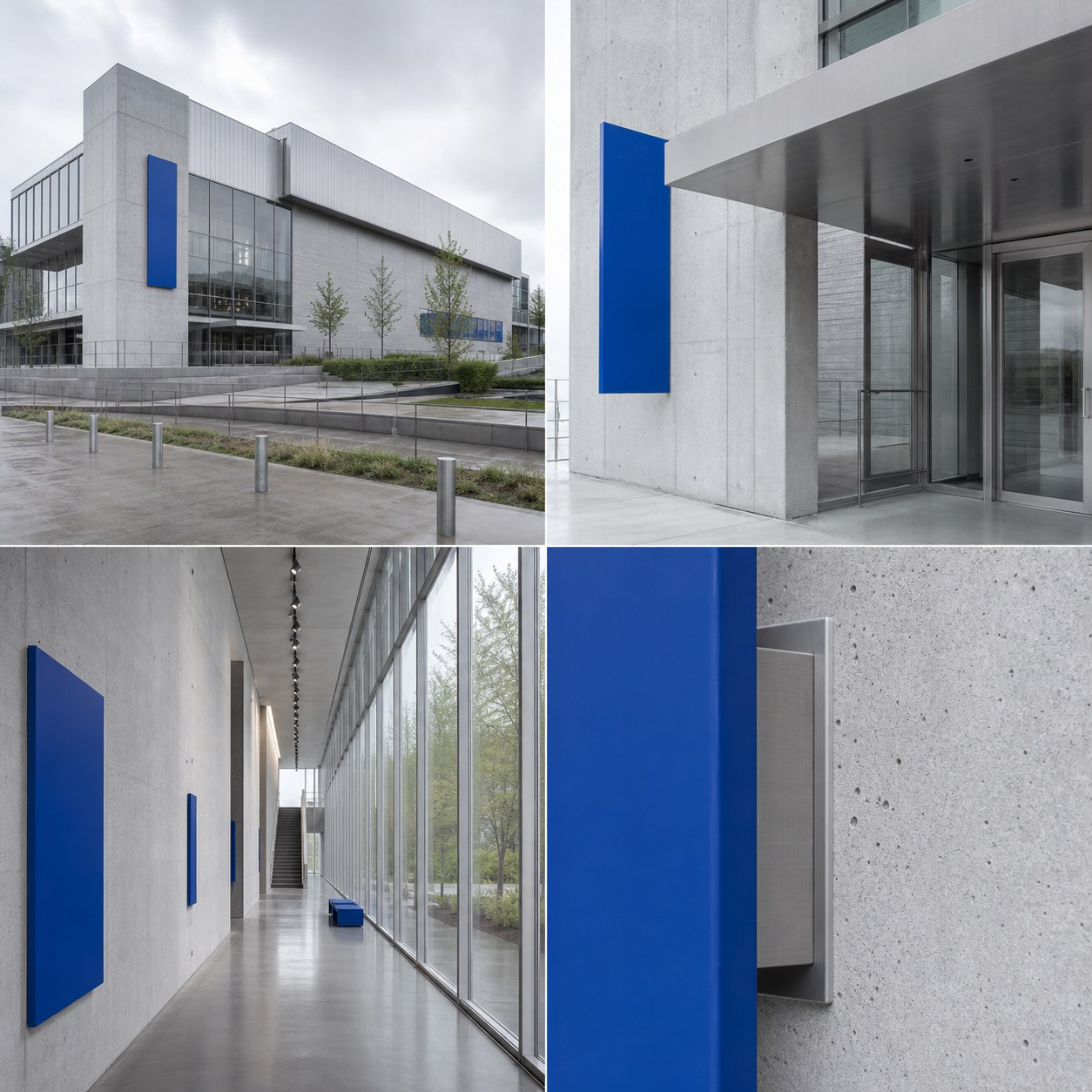 Four architectural views of Northline Commons and its cobalt wayfinding system
