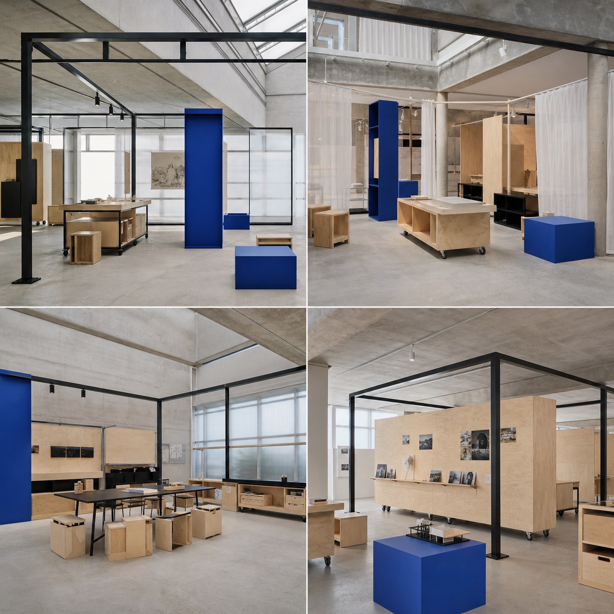 Four views of modular gallery furniture and cobalt wayfinding blocks