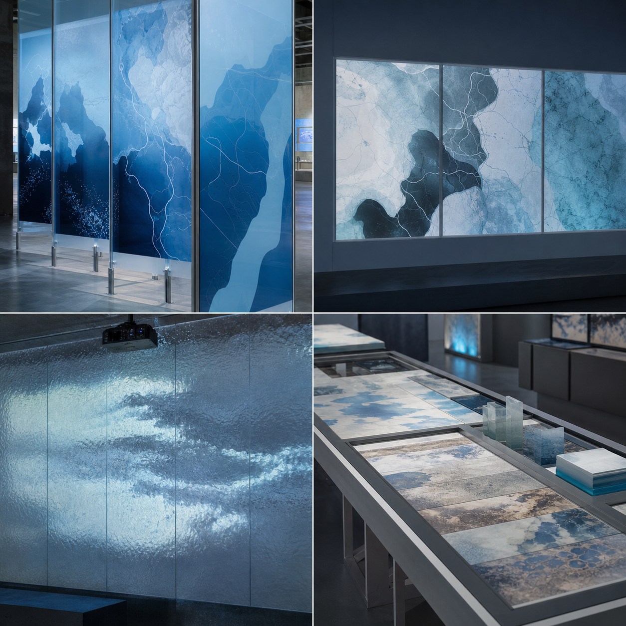 Four views of a coastal research exhibition in glacier blue
